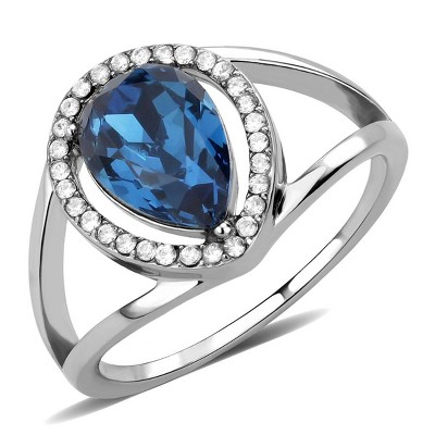 Slickblue Women's Polished Stainless Steel Ring with Montana Crystal - Engagement or Charm Ring - Size 5-10