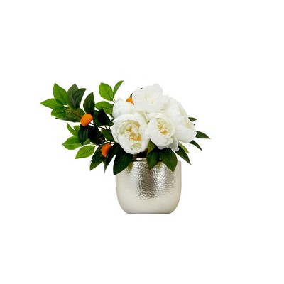 Nearly Natural 16-in Artificial Peony Dahlia Arrangement white Vase
