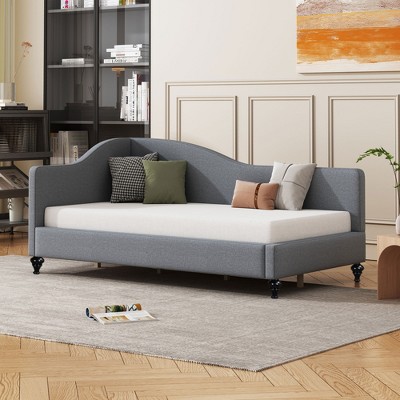 Twin/Full Size L-Shaped Linen Daybed with Solid Wood Legs, Beige/Gray, 4W -ModernLuxe