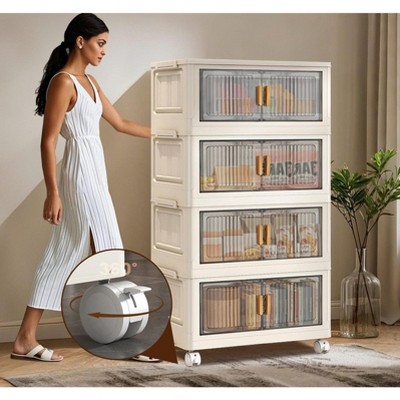 Stackable Storage Boxes With Lid 4-Tier Plastic Storage Bins Folding Storage Boxes Wardrobe Closet Containers for Bedroom Living Room