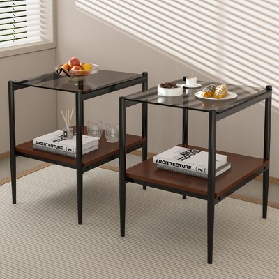 Syemin 2-Piece Rectangular Side Table Set, Double-Layer Coffee Table with Tempered Glass Top for Modern Living Room, Brown, 19.1"*15.35"*21.14"