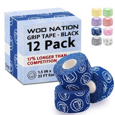 WOD Nation Bulk 12-Pack Weightlifting Hook Grip Tape, Comfortable & Stretchy Athletic Thumb Tape for Exercise (23ft/Roll)- Blue