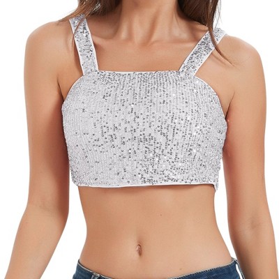 Anna-Kaci Women's Stretchy Sequins Crop Top Square Neck Wide Sparkling Tube Tops