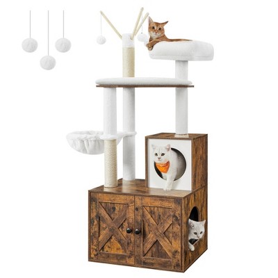 LEDREM WoodyWonders Cat Tree with Litter Box Enclosure, 2-in-1 Modern Tower, Furniture Hidden, Cat Condo with Scratching Posts