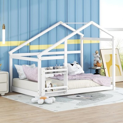 Twin Size Bed Frames With Roof For Kids, Cute House Shaped Platform Bed With Storage Rack, No Box Spring Needed
