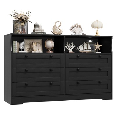 6 Drawer Dresser for Bedroom, Wood Dresser with RGB LED Lights & Power Outlet, Modern Chest of Drawers with 2 Open Shelves for Closet, Living Room