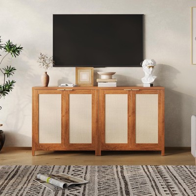Farmhouse Buffet Cabinet with Rattan Doors - Storage Sideboard with Adjustable Shelves for Dining Room, Kitchen & Entryway