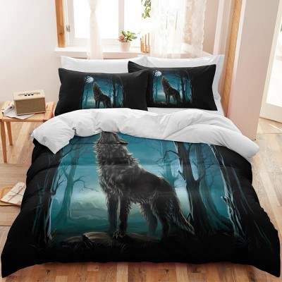 Hachikiko Moon Wolf Duvet  - 3Pc Watercolor Forest Bedding, Ultra-Soft Microfiber