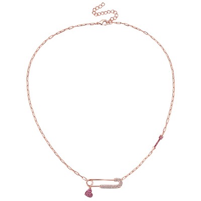 Guili Children?s 18K Rose Plated Necklace with Ruby & Cubic Zirconia, featuring a Heart Charm Dangle and Paperclip Adjustable Length Design.