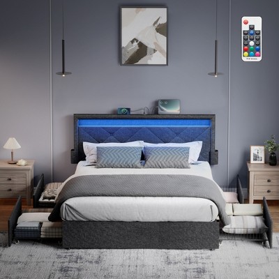 VASAGLE LED Bed Frame Queen/Full/Twin Size with Headboard and 4 Drawers, 1 USB Port and 1 Type C Port, Adjustable Upholstered Headboard, Grey
