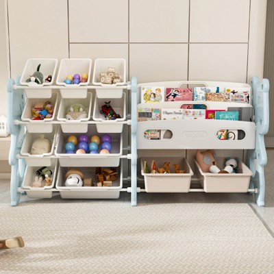 FONTOI Kids Toy Storage Organizer with 12 Bins&2 Tier Bookshelf, Multi-functional Storage Cabinet with Bins for Playroom, Blue, 14.17"*33.86"*56.1"