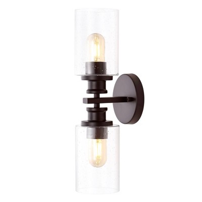 LED 2-Light Jules Edison Cylinder Iron/Seeded Glass Contemporary Wall Sconce Oil Rubbed Bronze - JONATHAN Y: Bathroom Vanity Lighting, Art Deco Style