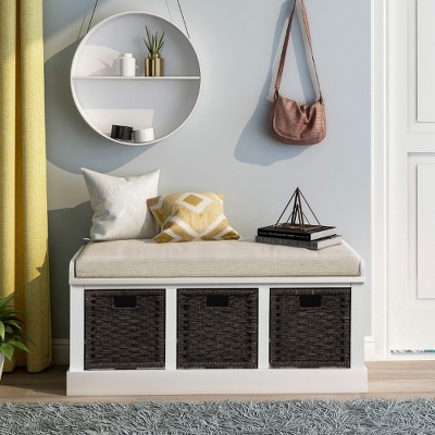 Lyngins Rustic Storage Bench with 3 Removable Classic Rattan Basket, Linen Blend Ottoman with Removable Cushion, No-Assembly Storage Ottoman Bench