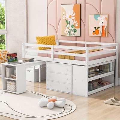 Twin/Full Size Loft Bed with Retractable Writing Desk and 3 Drawers, Wooden Loft Bed with Storage Stairs and Shelves 4L - ModernLuxe