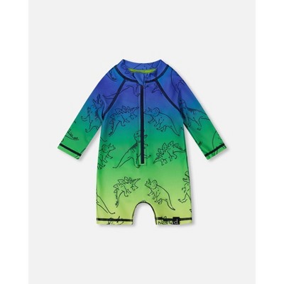 Deux par Deux Boy Printed Long Sleeve One-Piece Rashguard Vibrant Blue and Green Dino