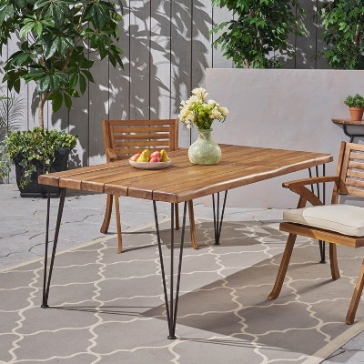 GDFStudio Avy Outdoor Industrial 72" Acacia Wood Dining Table with Hairpin Legs, Teak/Rustic Metal