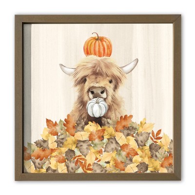 Autumn Cow Leaf Pile 16 x 16 Framed Print
