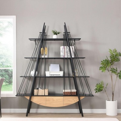 YONWAY Boat-Shaped Bookshelf, 4 Tier Ladder Bookcase with Drawer for Storage Display Decoration Easy Assembly for Living Room and Home Office