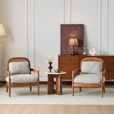 Sapphtopaz Modern Accent Chair Set of 2 with Rattan Backrest Upholstered Armchairs with Wood Frame Comfy Chair for Living Room, Bedroom
