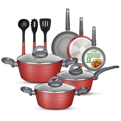 NutriChef Ridge Line Nonstick Kitchen Pots and Pans, 12 Piece Set, Red