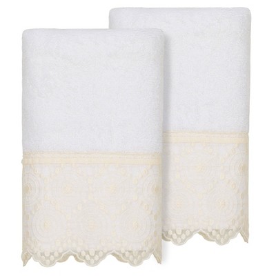 2pc Arian Cream Lace Embellished Hand Towels - Linum Home Textiles