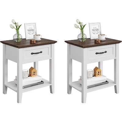 2 Pcs Side Table Living Room, Farmhouse Nightstand with Storage Drawer & Shelf, Wooden End Table Bedside Cabinet for Bedroom, Entryway, White