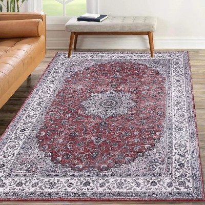 Washable Vintage Rug Non Slip Low Pile Rug Soft Throw Floor Cover Floral Foldable Indoor Carpet for Living Room Bedroom Playroom Nursery