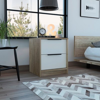 Gulches Nightstand , End Table, Side Table Two Drawers, Metal Handle -White / Pine
