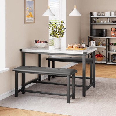Coolmee 4 Piece Dining Table Set, Rectangular Kitchen Tables Set with 2 Upholstered Benches, Dining Room Table for 4, Small Space Dinette Tables