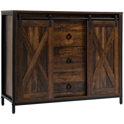 Industrial Farmhouse Buffet Cabinet, Kitchen Sideboard with Sliding Barn Doors, Three Drawers and Adjustable Shelves for Living Room,Brown