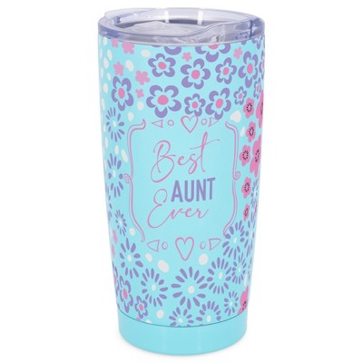 Elanze Designs 20 oz Stainless Steel On the Go Insulated Travel Tumbler With Push Top Lid, Best Aunt Ever Pink & Purple Floral Pattern Sky Blue
