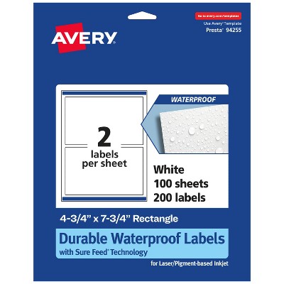 Avery Durable Waterproof Rectangle Labels with Sure Feed, 4.75" x 7.75"