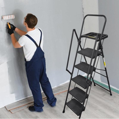 ORRD 5-Step Foldable Steel Ladder with Tool Tray, Non-Slip Pedals & Handrails - Lightweight Portable Step Stool for Home & Work