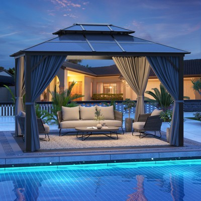 10'x12' Hardtop Gazebo, Aluminum Frame and Double Roof Canopy with Curtains and Netting, Grey