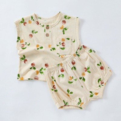 MyKids-USA Summer Baby Kids Unisex Floral/Fruit Printing Sleeveless Crew Neck Vest And Shorts Clothing Sets