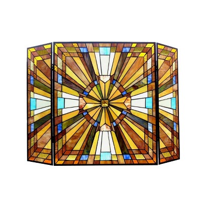 Chloe Lighting Flare Tiffany-Glass Mission 3pcs Folding Fireplace Screen 38" Wide