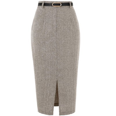 INSPIRE CHIC Women's Fall Winter High Waisted Back Elastic with Belt Work Office Midi Skirts