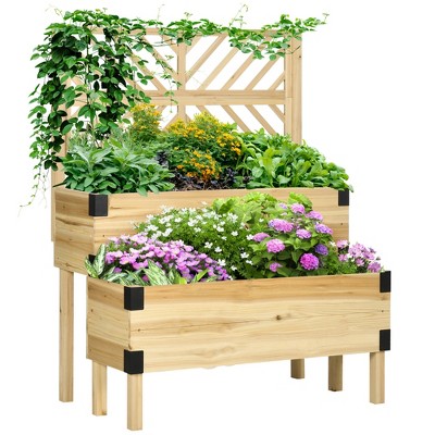 COWLOWN Raised Garden Bed with Trellis, 2 Tier Wooden Elevated Planter Box with Legs and Metal Corners for Vegetables, Flowers, Herbs