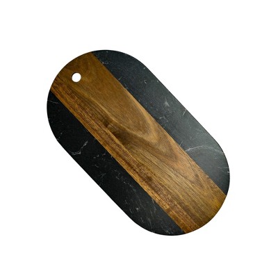 Slickblue 13” x 7” Oval Marble & Acacia Wood Board - White/Black, Ideal for Charcuterie & Culinary Displays