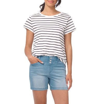 Rekucci Secret Figure Women's Slimming Pull-On Jean Shorts with Snap Waist and Pockets – Summer Casual