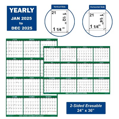Swift Glimpse 24"x36" Calendar Planner January 2025 to December 2025 Green: Laminated Wall Calendar with Grommets