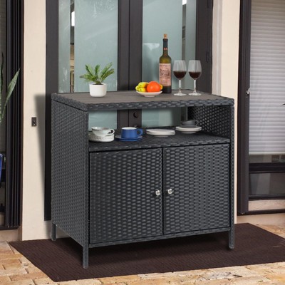 Patio Outdoor Wicker Storage Cabinet - Powder Coated Steel, Bar Table with 2 Door and Shelf, All Weather Resin Wicker,  for Patio Pool Garden Kitchen