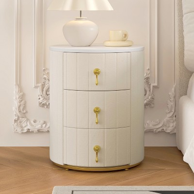 Modern Upholstered Nightstand with 3 Drawers, Round Bedside Table with Storage, Wood Sofa Side Table, Narrow End Table for Living Room Bedroom
