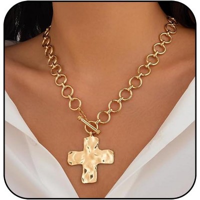 Gold Chunky Cross Necklace for Women Statement Cross Pendant Necklace Layered Hammered Bold Cross Necklace Vintage Toggle Clasp Necklace Jewelry