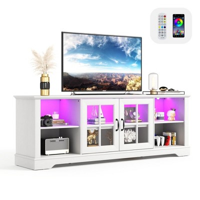 Modern Glass TV Stand for 65" TVs, Entertainment Center with LED Lights, Storage Cabinets & Adjustable Shelves