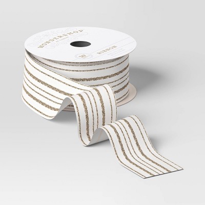 30' Christmas Fabric Ribbon White Satin Gold Glitter Stripes - Wondershop™