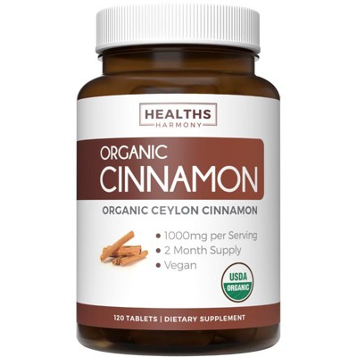 USDA Organic Ceylon Cinnamon Tablets, 1000mg Cinnamon Quill Powder, Supports Metabolism & Cognition, Immune Support, Health's Harmony, 30, 60 or 120ct