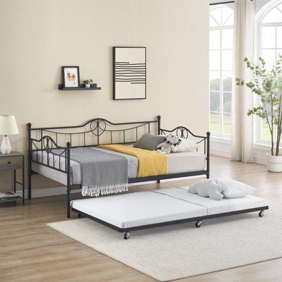 coucheta Daybed with Trundle,Day Bed &Pull Out Trundle Set,Metal Sofa Bed Frame with Steel Slat Support, Space-Saving