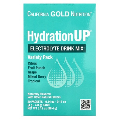 California Gold Nutrition HydrationUP®, Electrolyte Drink Mix with Calcium Lactate, Vitamins C & E, Variety Pack, 20 Packets, 0.14 oz - 0.17 oz (4 g -