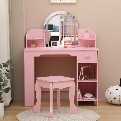 Garvee Kids Vanity with Lighted Mirror, Kids Vanity Set with Mirror & Drawers, Kids Makeup with Bookshelf, Open Shelves for 3-9